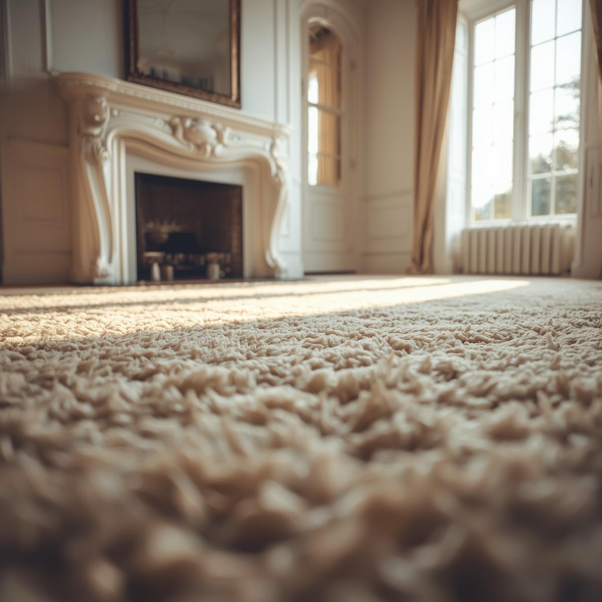 Two people are rolling up a large, woven area rug on a wooden floor, securing it with blue straps. This suggests a cleaning preparation or moving task.