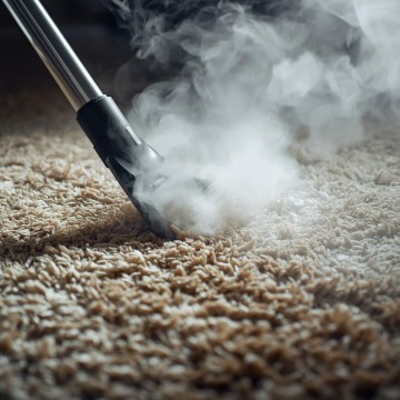 Three professional cleaners in bright green overalls standing confidently with cleaning equipment in modern home interior with gray walls