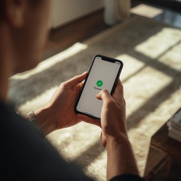 Woman working from home on laptop at kitchen counter with notebook and coffee mug