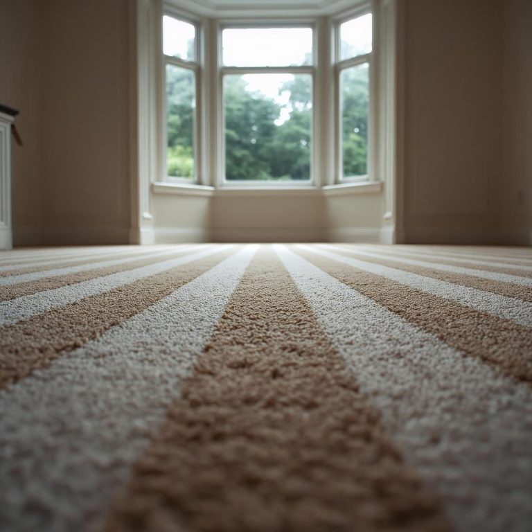 Three professional cleaners in green and red overalls working in a modern kitchen, mopping the floor, and cleaning high walls and windows.