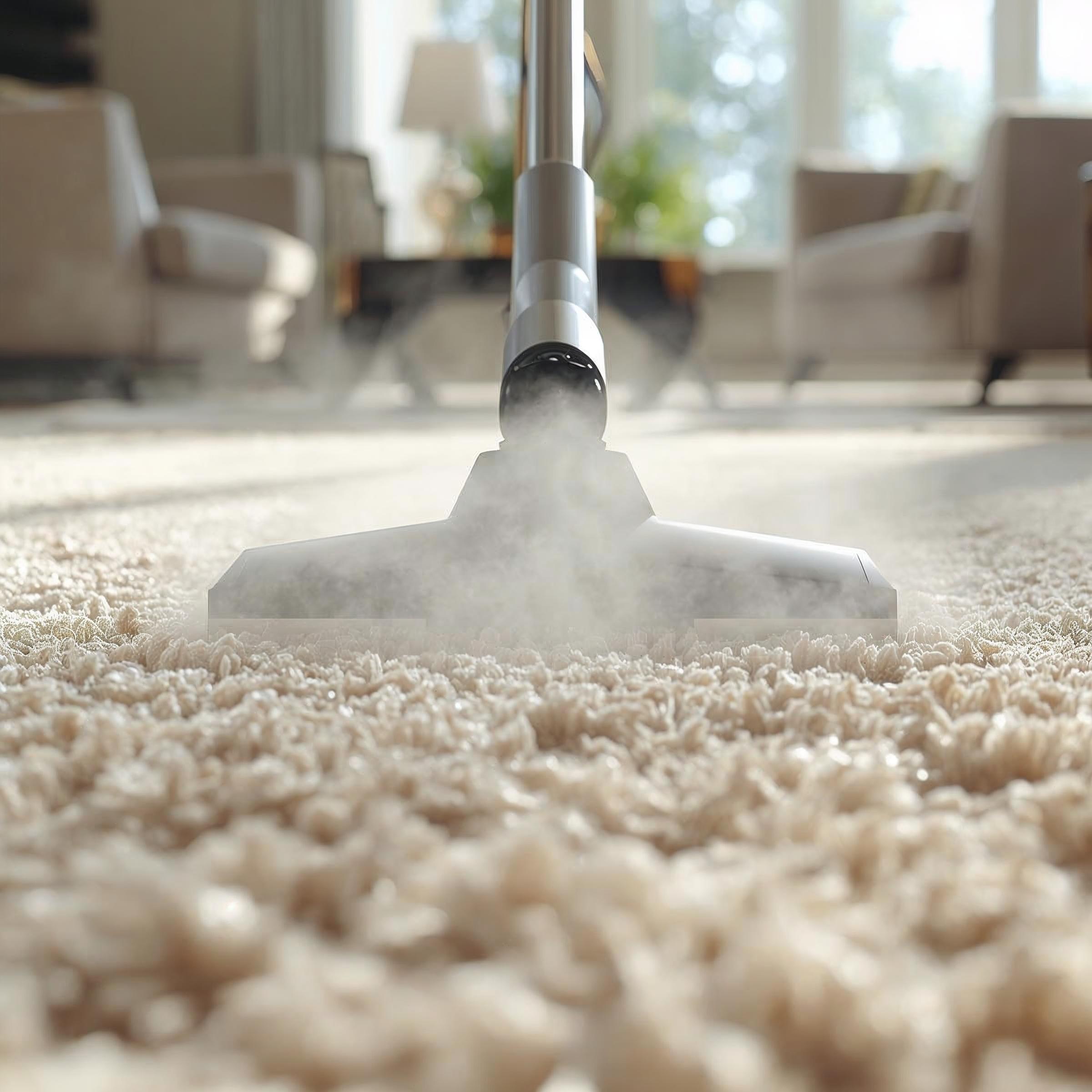 Three professional cleaners in bright green overalls standing confidently with cleaning equipment in modern home interior with gray walls
